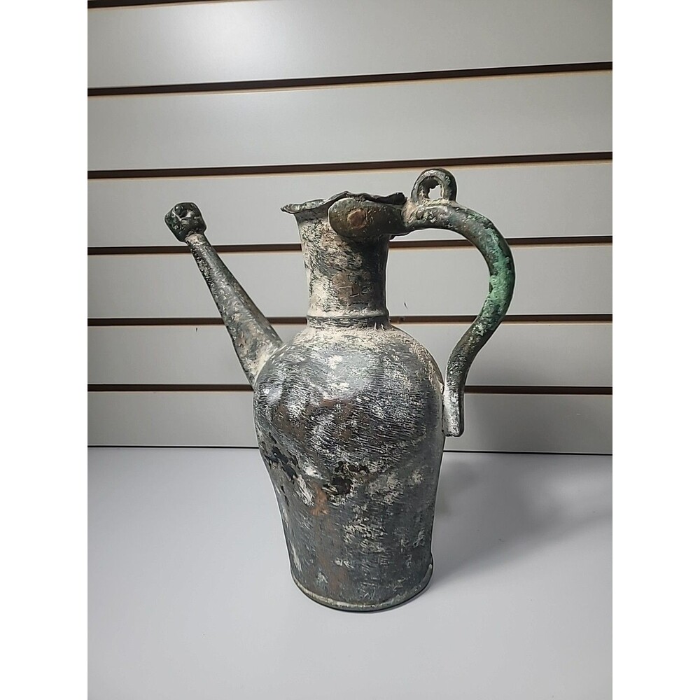 Antique Tinned Copper Water Vessel Middle Eastern Ewer Green Patina Pitcher Pot